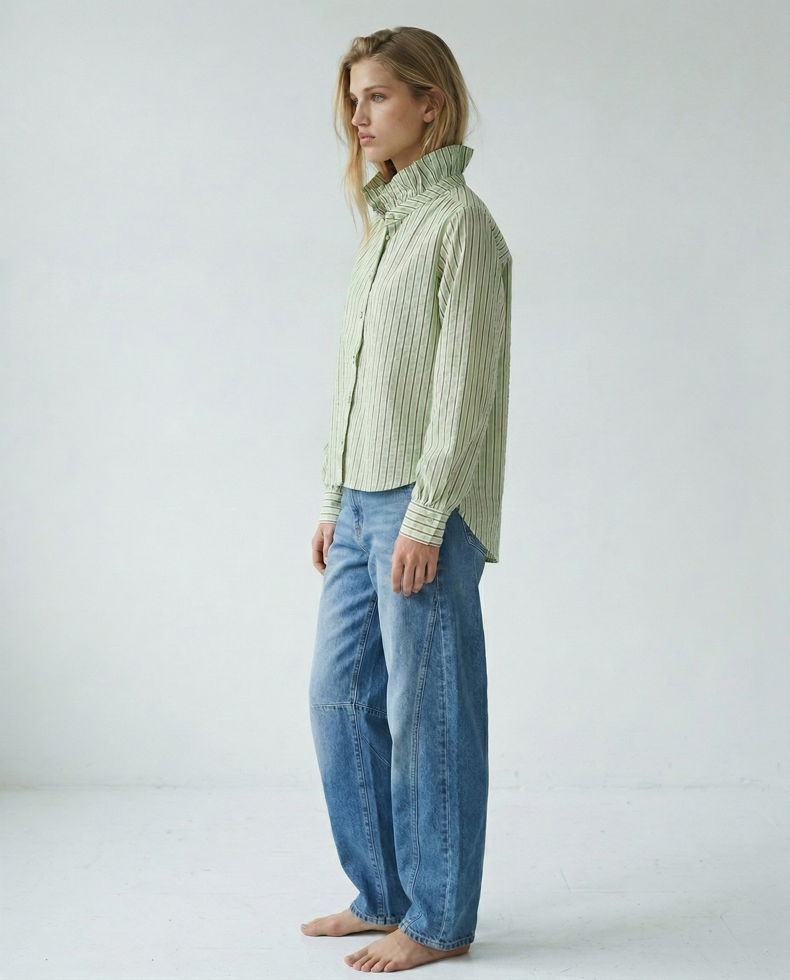 TIVA | Ruffle Collar Shirt | Green & Brown