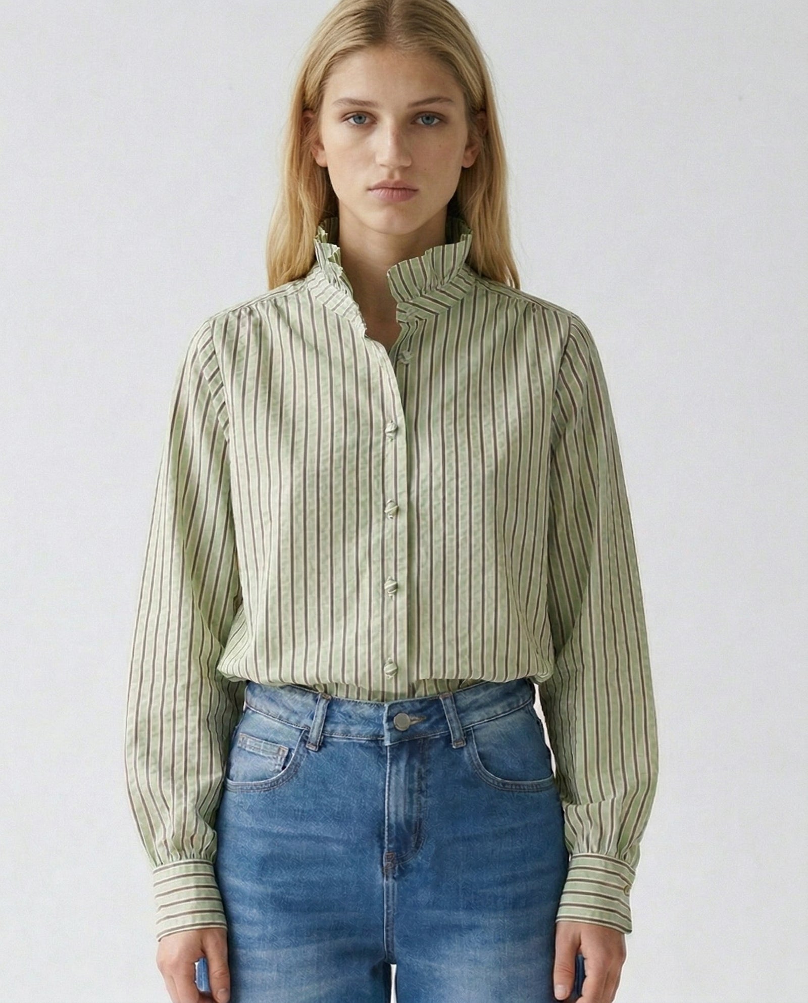 TIVA | Ruffle Collar Shirt | Green & Brown