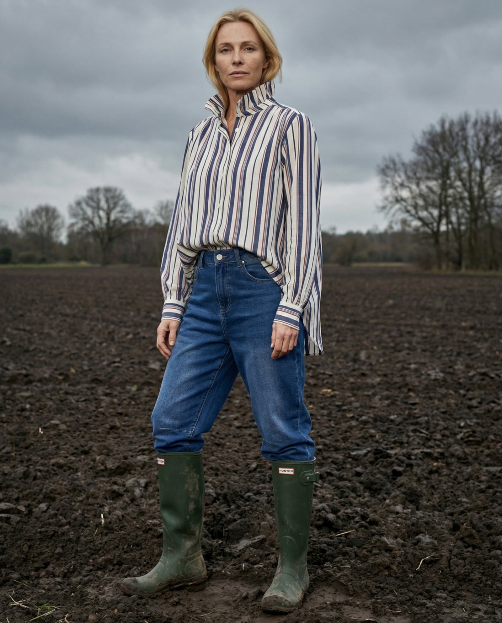 LIVA | Ruffle Collar Shirt Stripes | Navy & Red Stripes