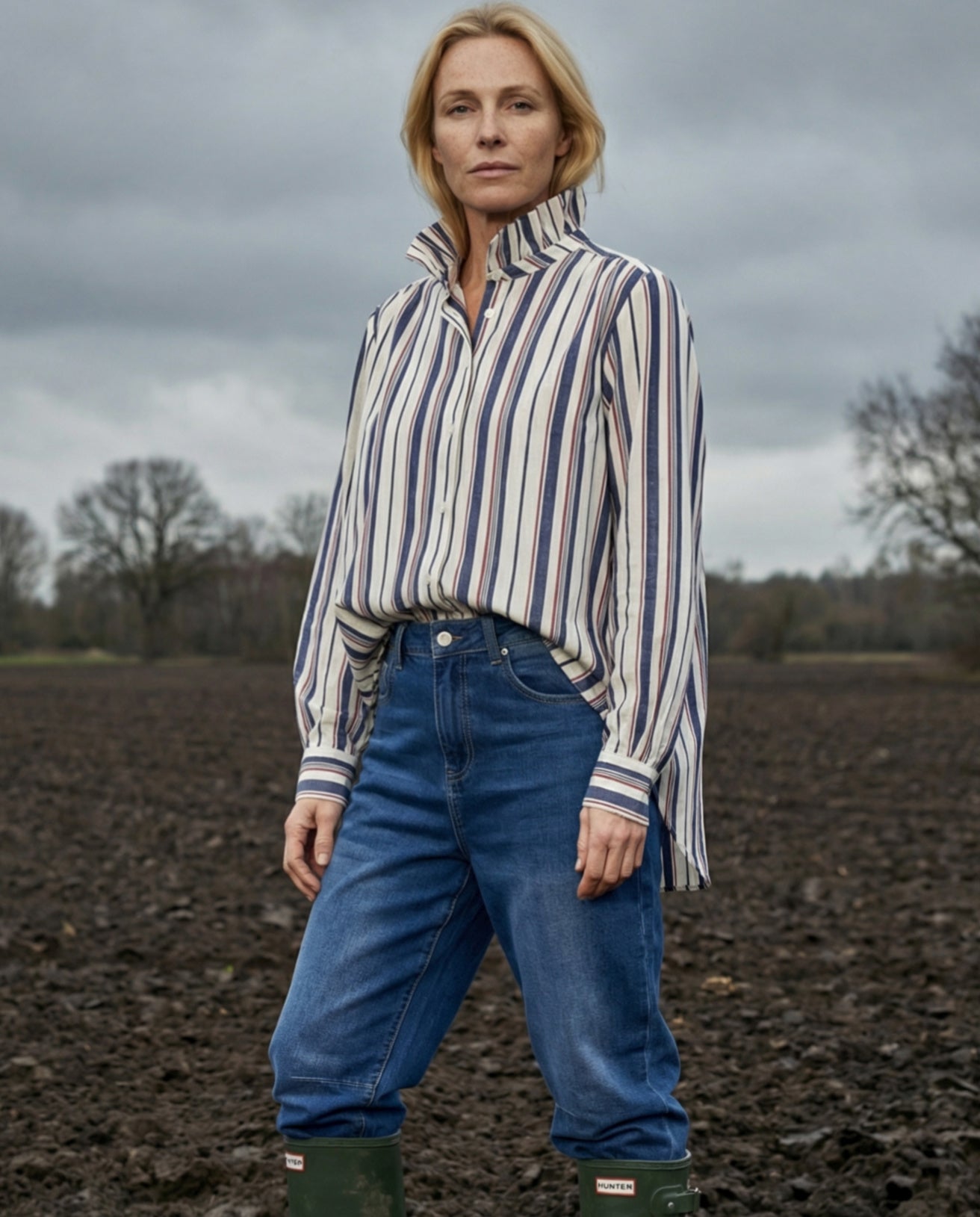 LIVA | Ruffle Collar Shirt Stripes | Navy & Red Stripes