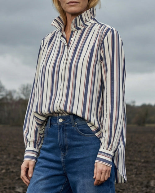 LIVA | Ruffle Collar Shirt Stripes | Navy & Red Stripes