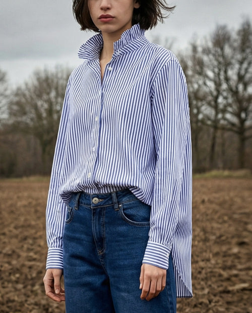 YAEL | Ruffle Collar Shirt Slim Stripe | Blue
