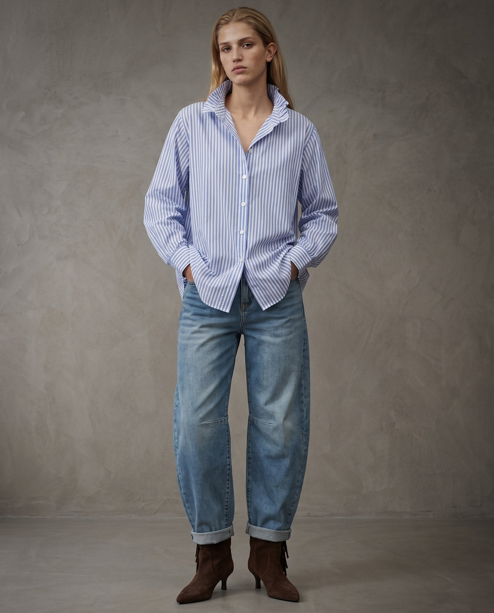 EDEN | Ruffle Collar Shirt | Navy Stripes