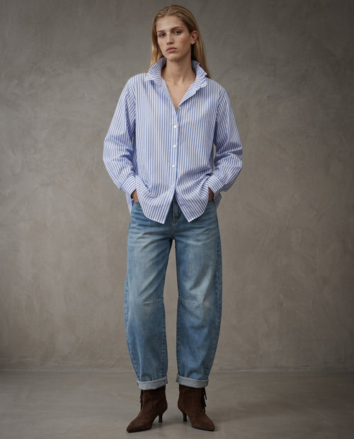 EDEN | Ruffle Collar Shirt | Navy Stripes