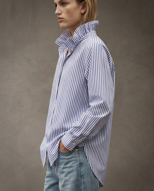 EDEN | Ruffle Collar Shirt | Navy Stripes