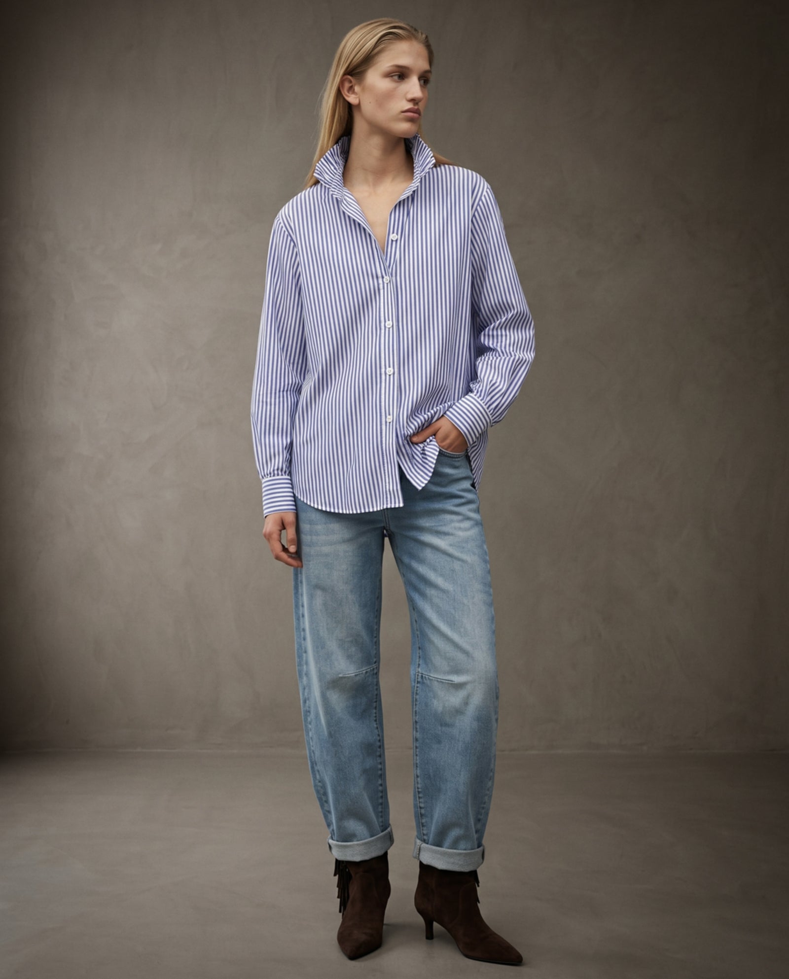 EDEN | Ruffle Collar Shirt | Navy Stripes