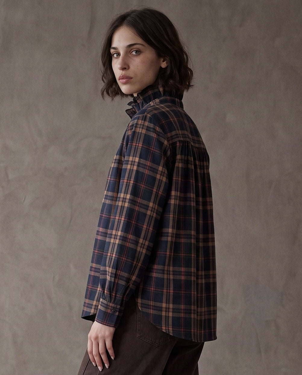 VICTORIE | Ruffle Collar Shirt | Navy Check
