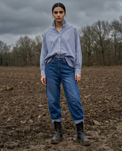 NOEMI | Ruffle Collar Shirt Pale Blue Plaid | Blue & Brown Plaid
