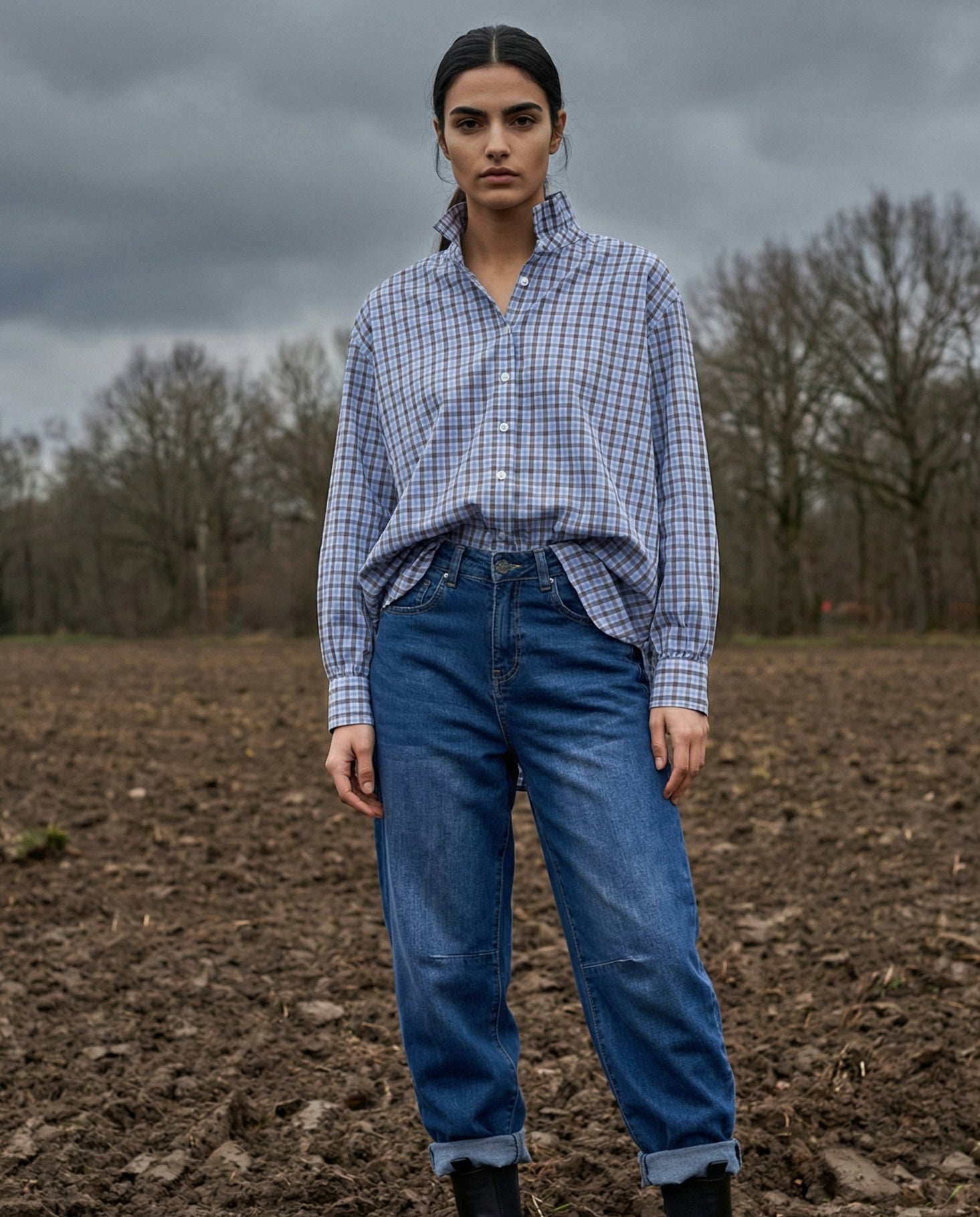 NOEMI | Ruffle Collar Shirt Pale Blue Plaid | Blue & Brown Plaid