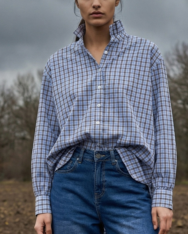 NOEMI | Ruffle Collar Shirt Pale Blue Plaid | Blue & Brown Plaid
