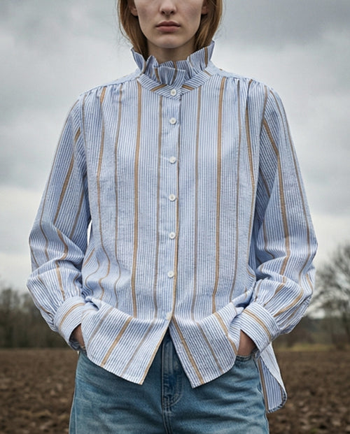 NIV | Ruffle Collar Shirt Stripes | Pale Blue & Brown