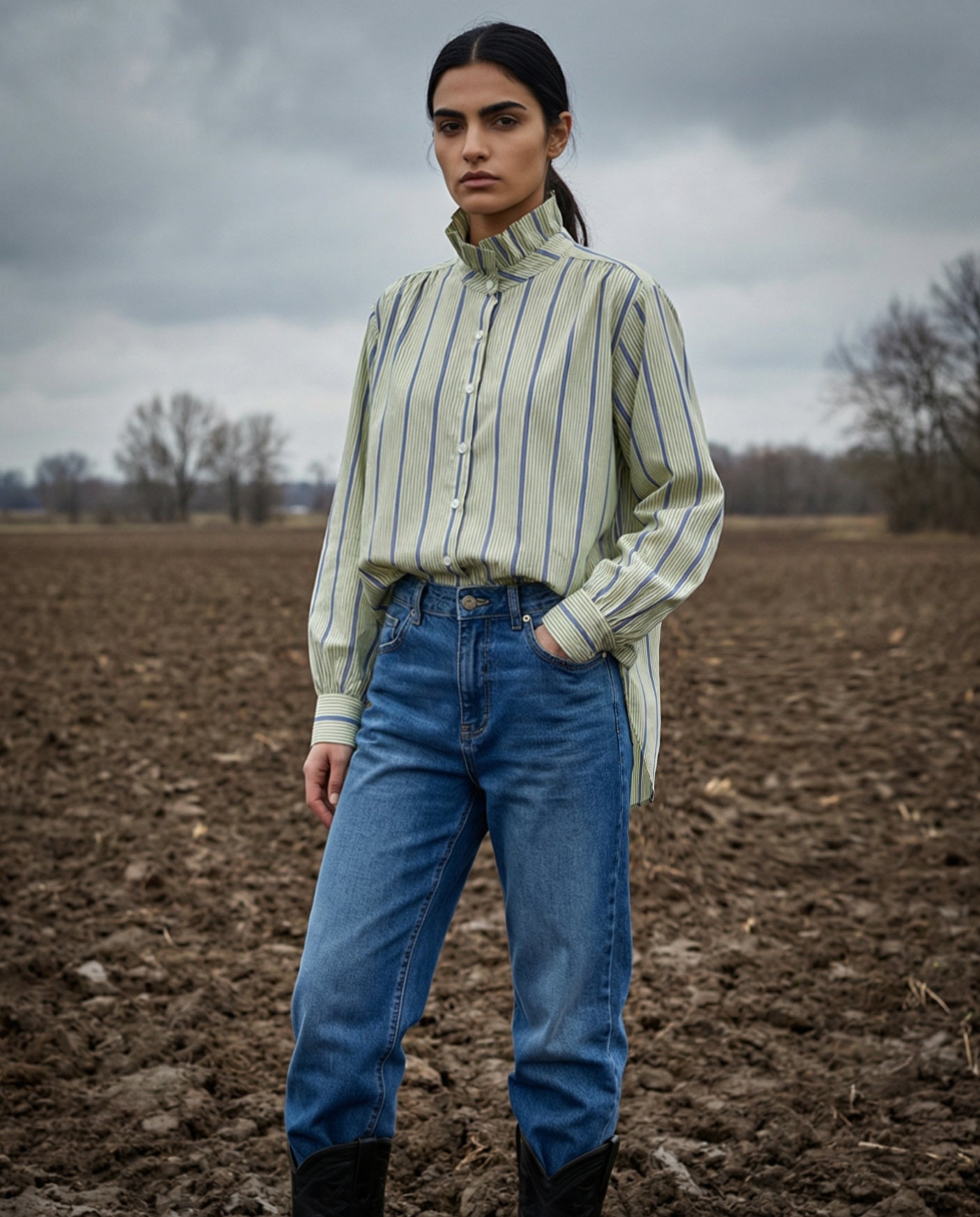 KARIN | Ruffle Collar Shirt Stripes | Pale Green & Blue