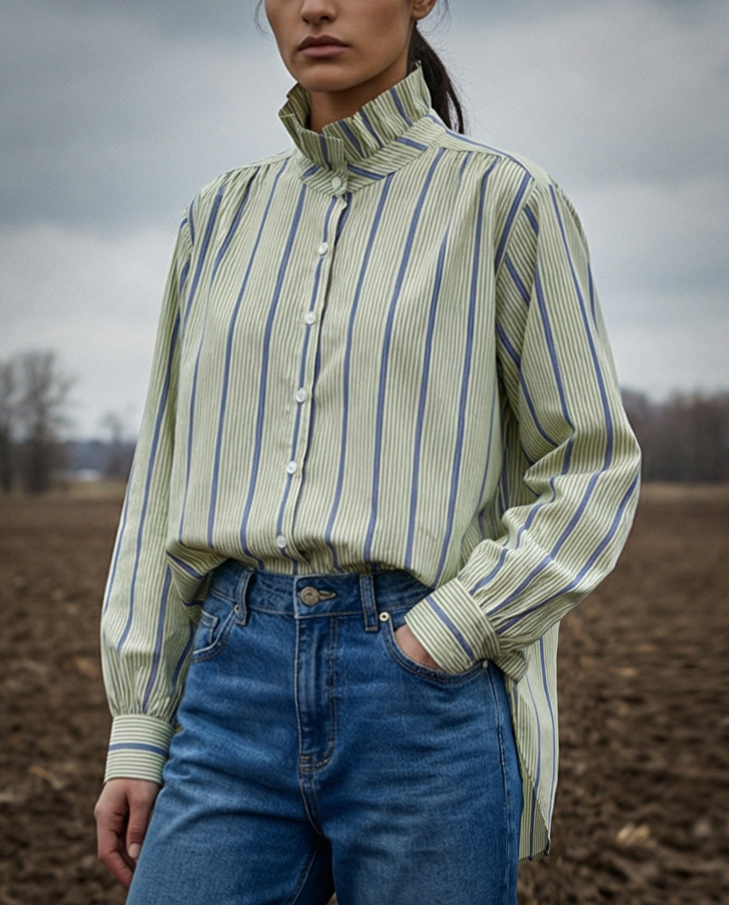 KARIN | Ruffle Collar Shirt Stripes | Pale Green & Blue