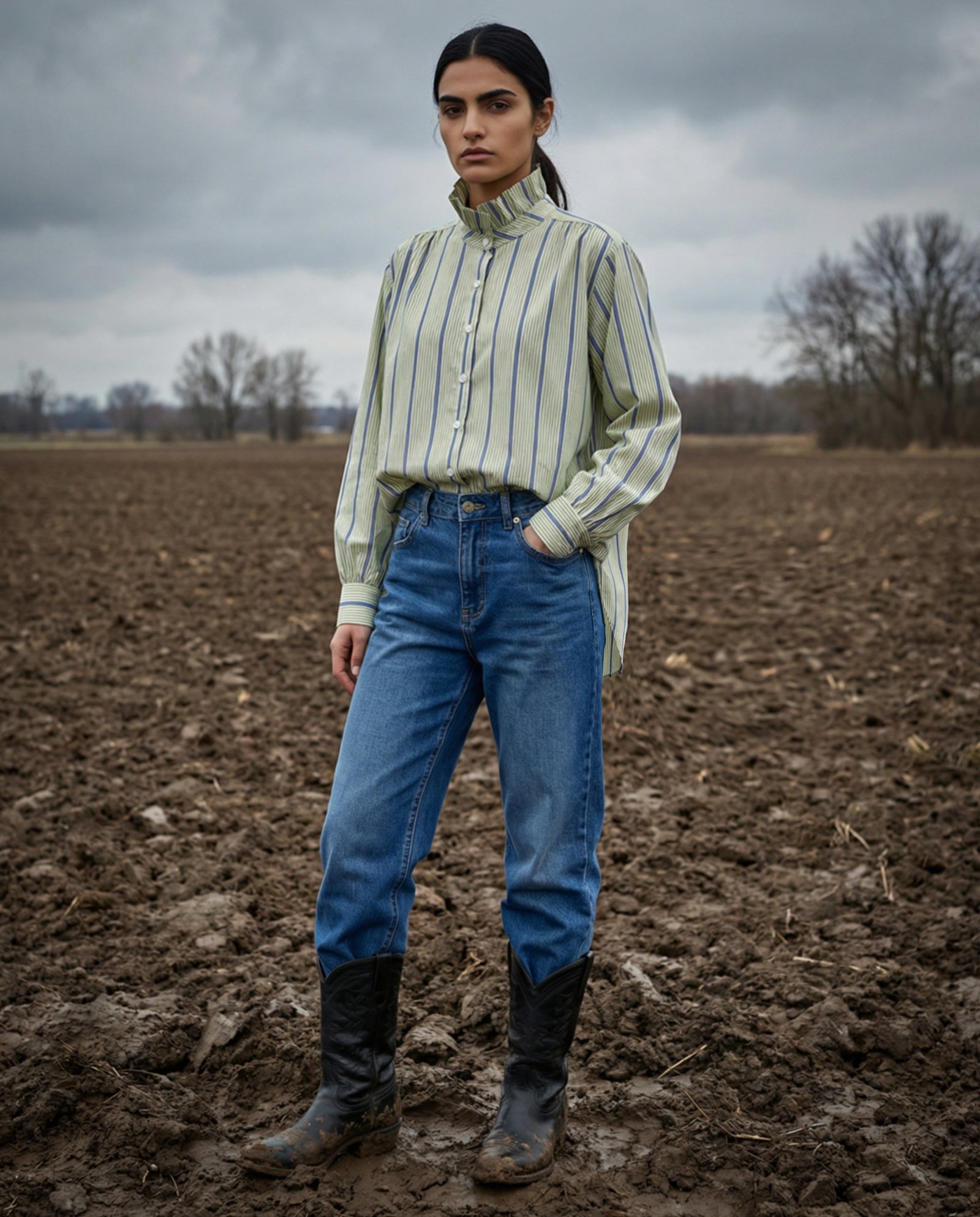 KARIN | Ruffle Collar Shirt Stripes | Pale Green & Blue