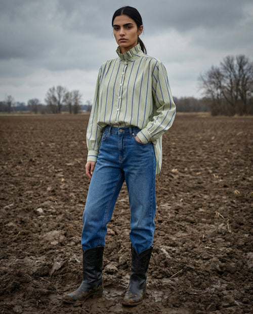 KARIN | Ruffle Collar Shirt Stripes | Pale Green & Blue