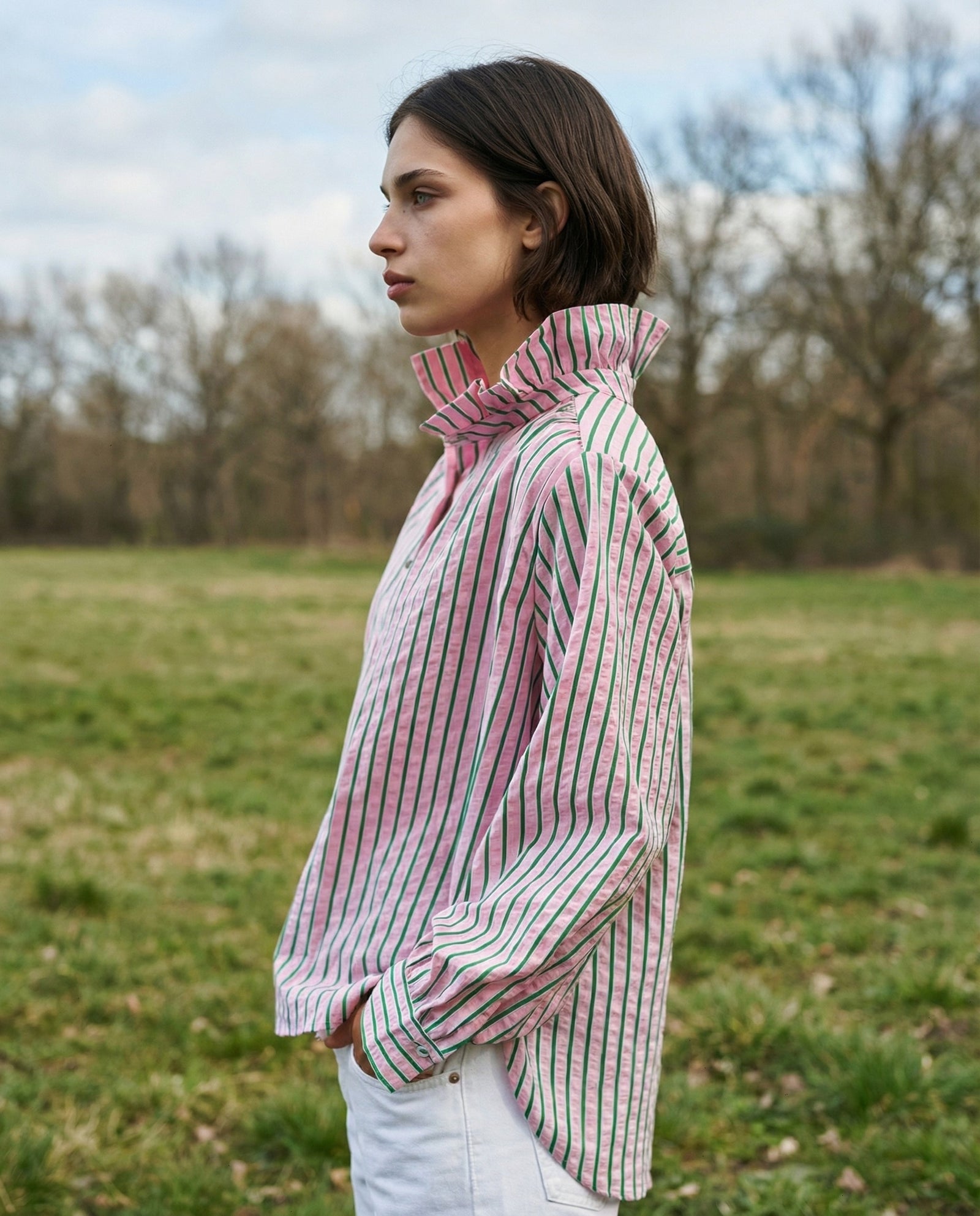 TIVA | Ruffle Collar Shirt | Pink & Green