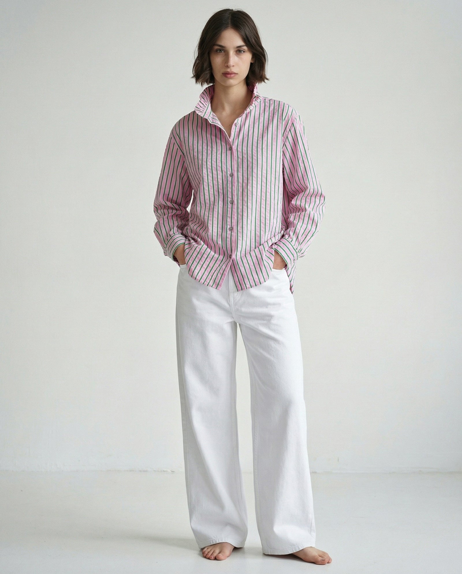 TIVA | Ruffle Collar Shirt | Pink & Green