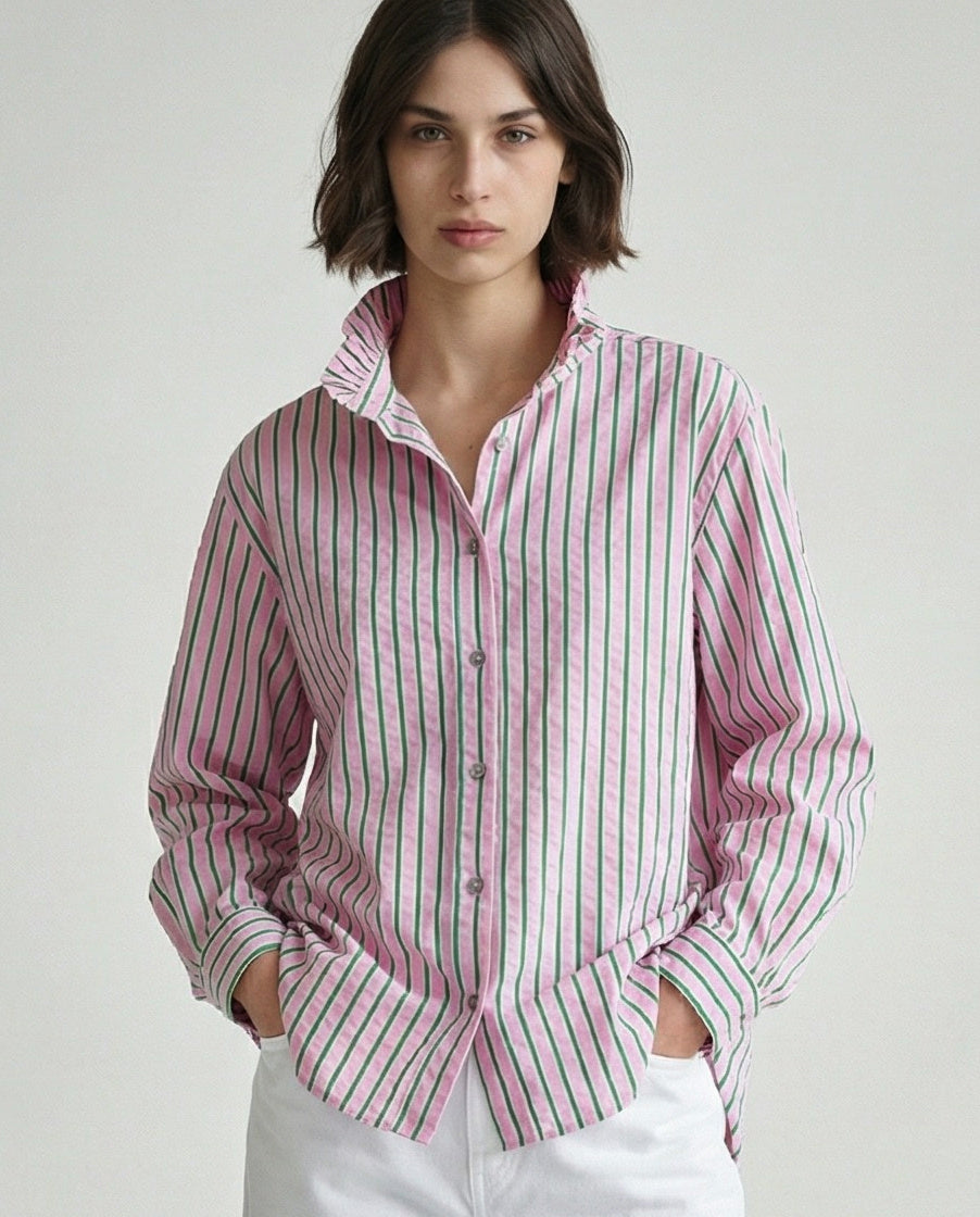 TIVA | Ruffle Collar Shirt | Pink & Green