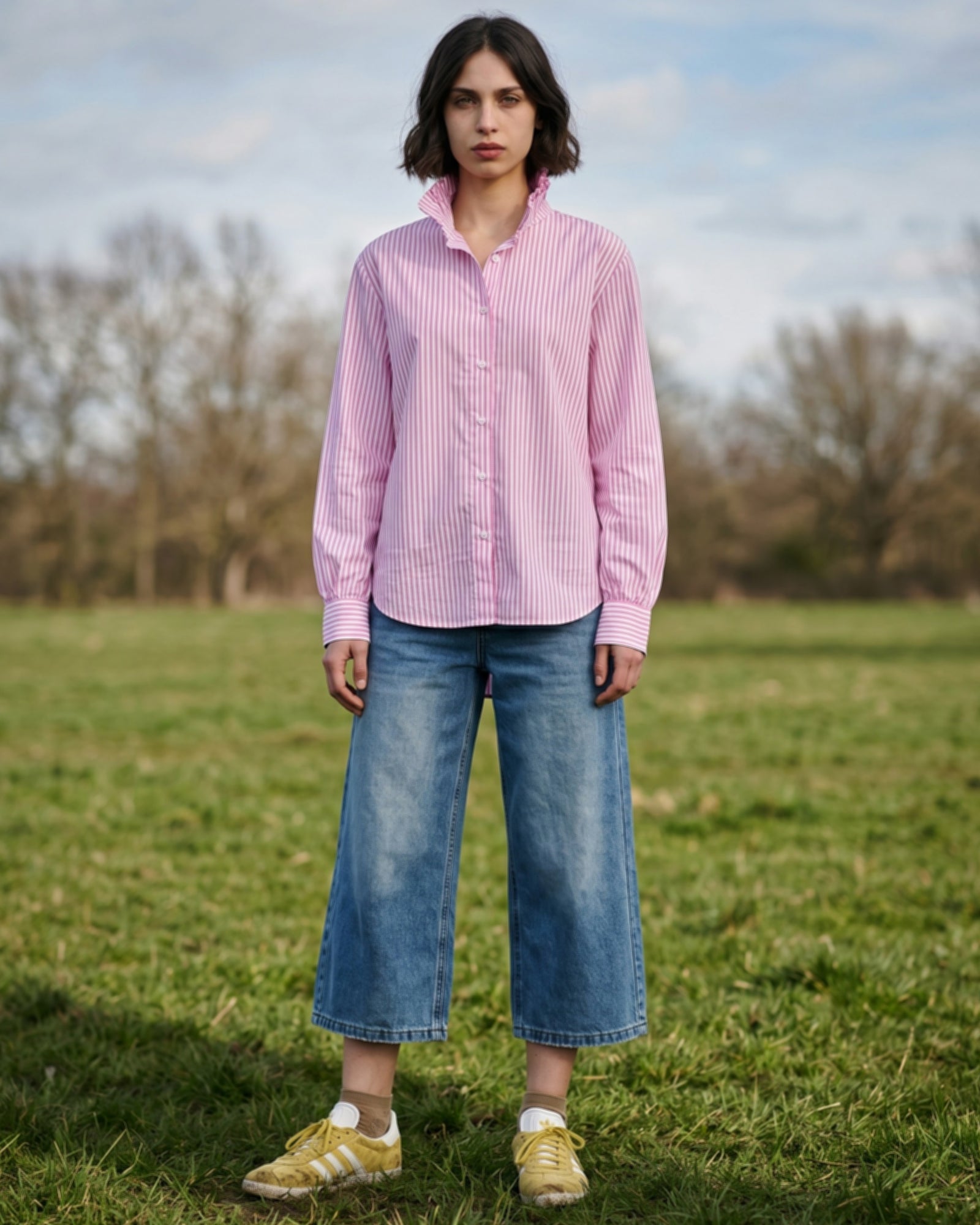 YAEL | Ruffle Collar Shirt Slim Stripe | Pink