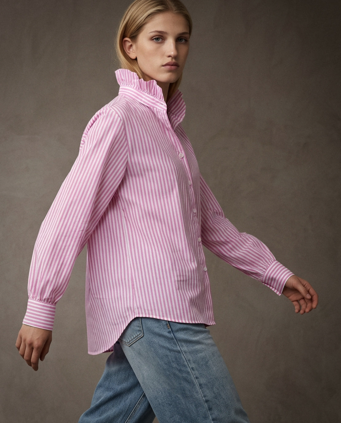 EDEN | Ruffle Collar Shirt | Pink Stripes