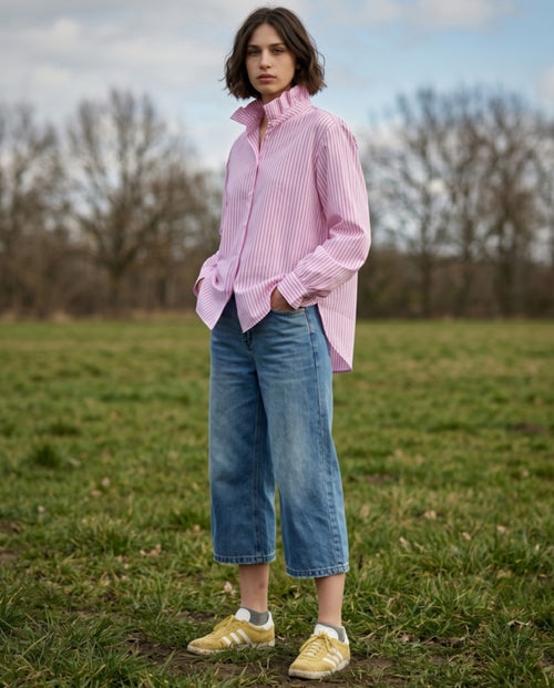 YAEL | Ruffle Collar Shirt Slim Stripe | Pink