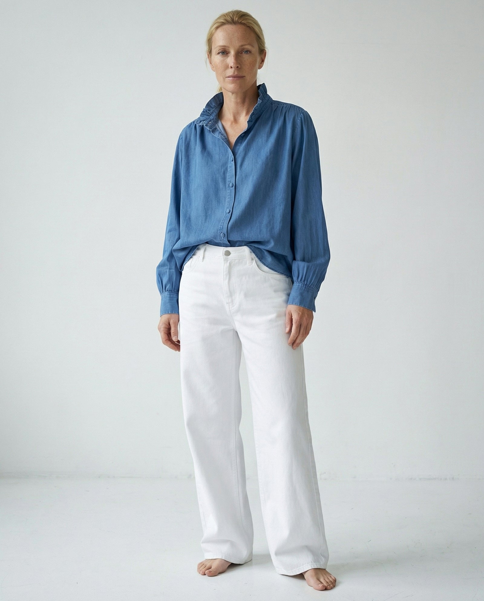 EILA | Ruffle Collar Shirt | Denim Blue