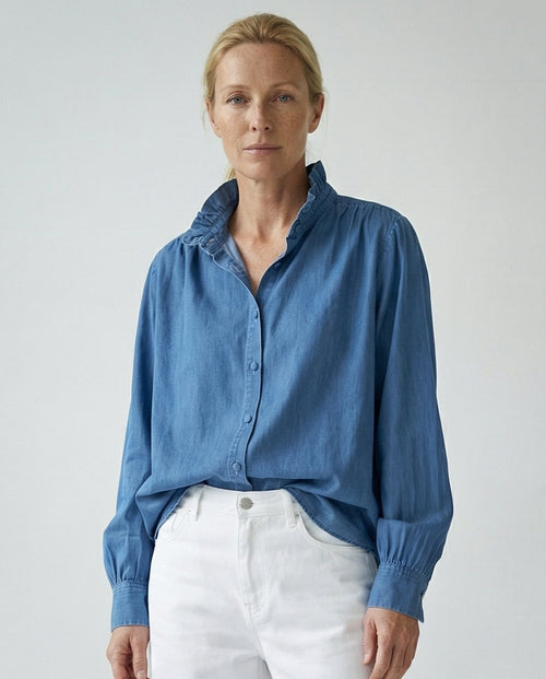 EILA | Ruffle Collar Shirt | Denim Blue