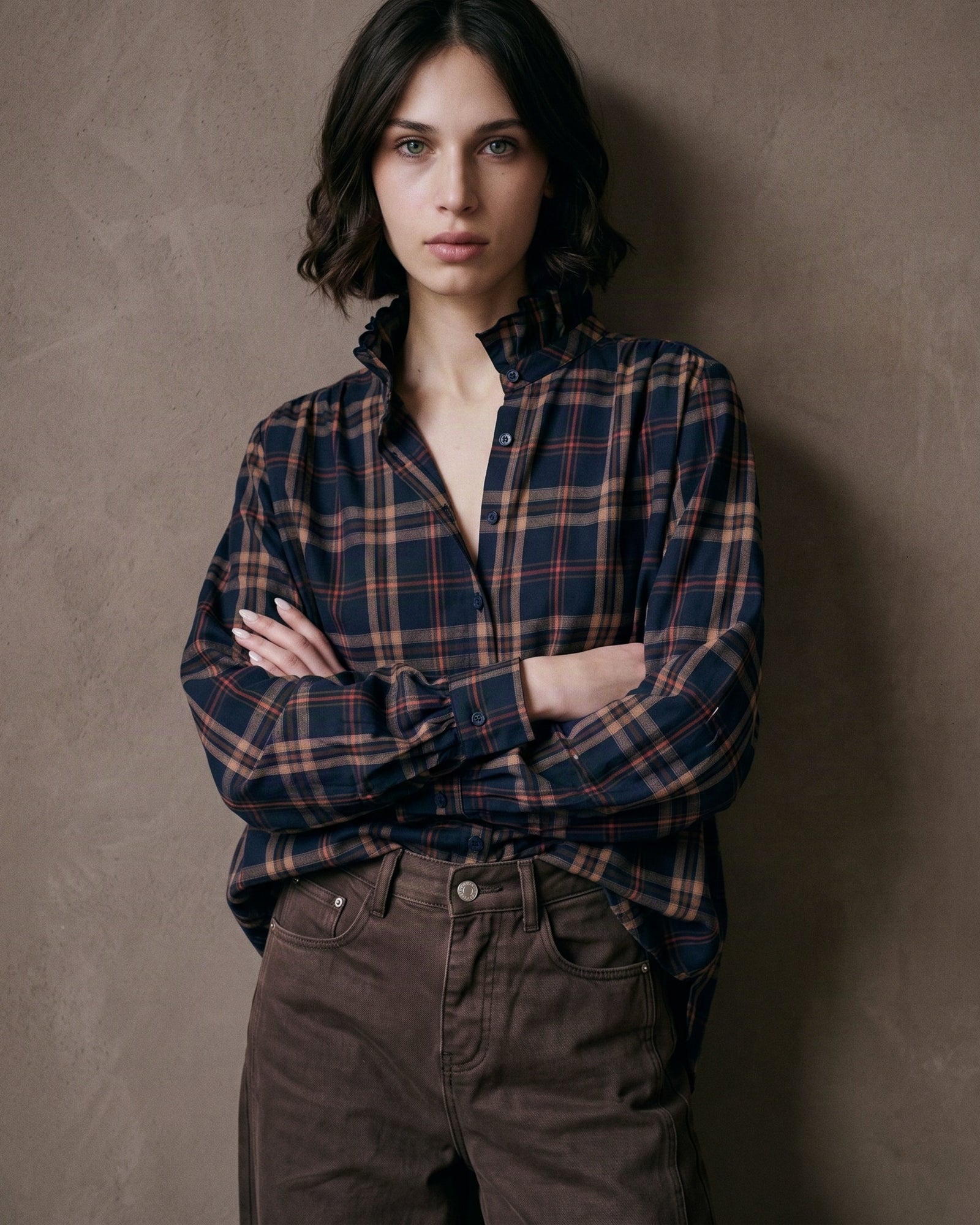 VICTORIE | Ruffle Collar Shirt | Navy Check