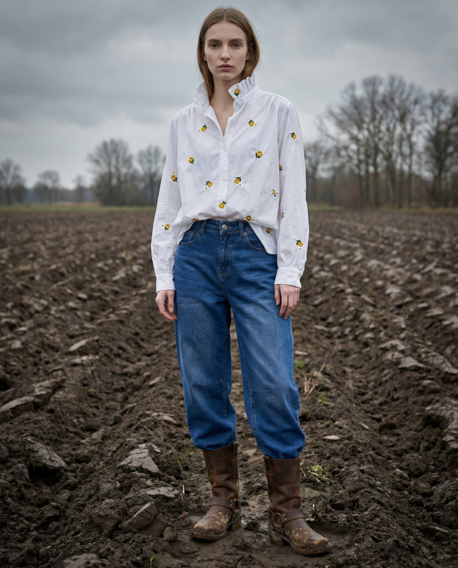 ELIRAZ | Ruffle Collar Shirt with Yellow Flowers | White