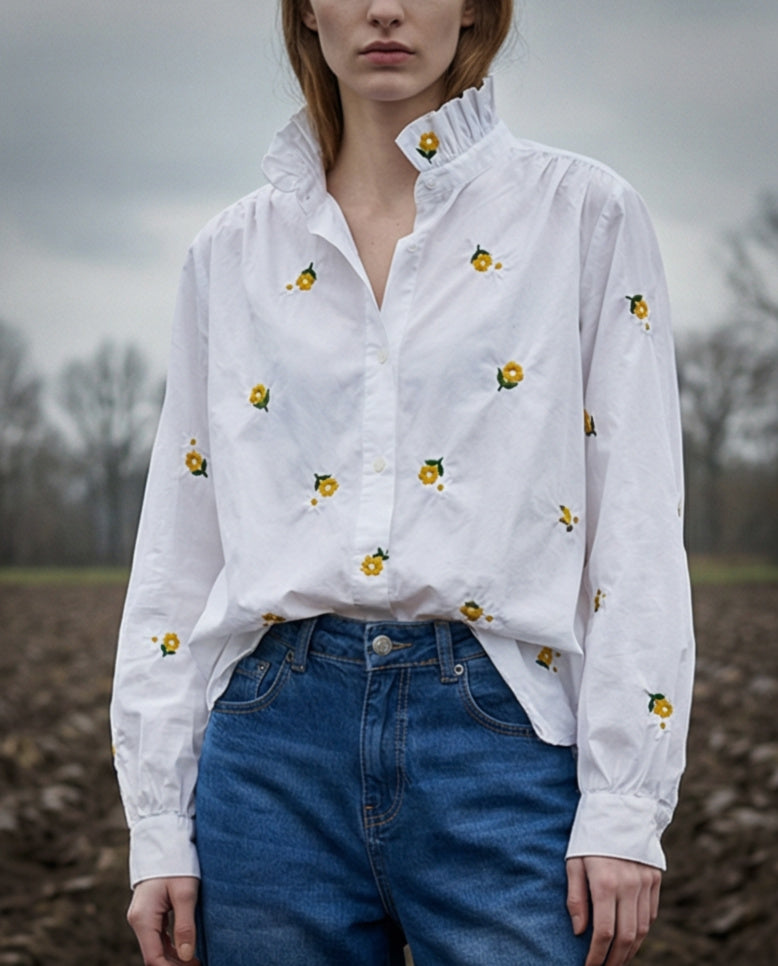 ELIRAZ | Ruffle Collar Shirt with Yellow Flowers | White