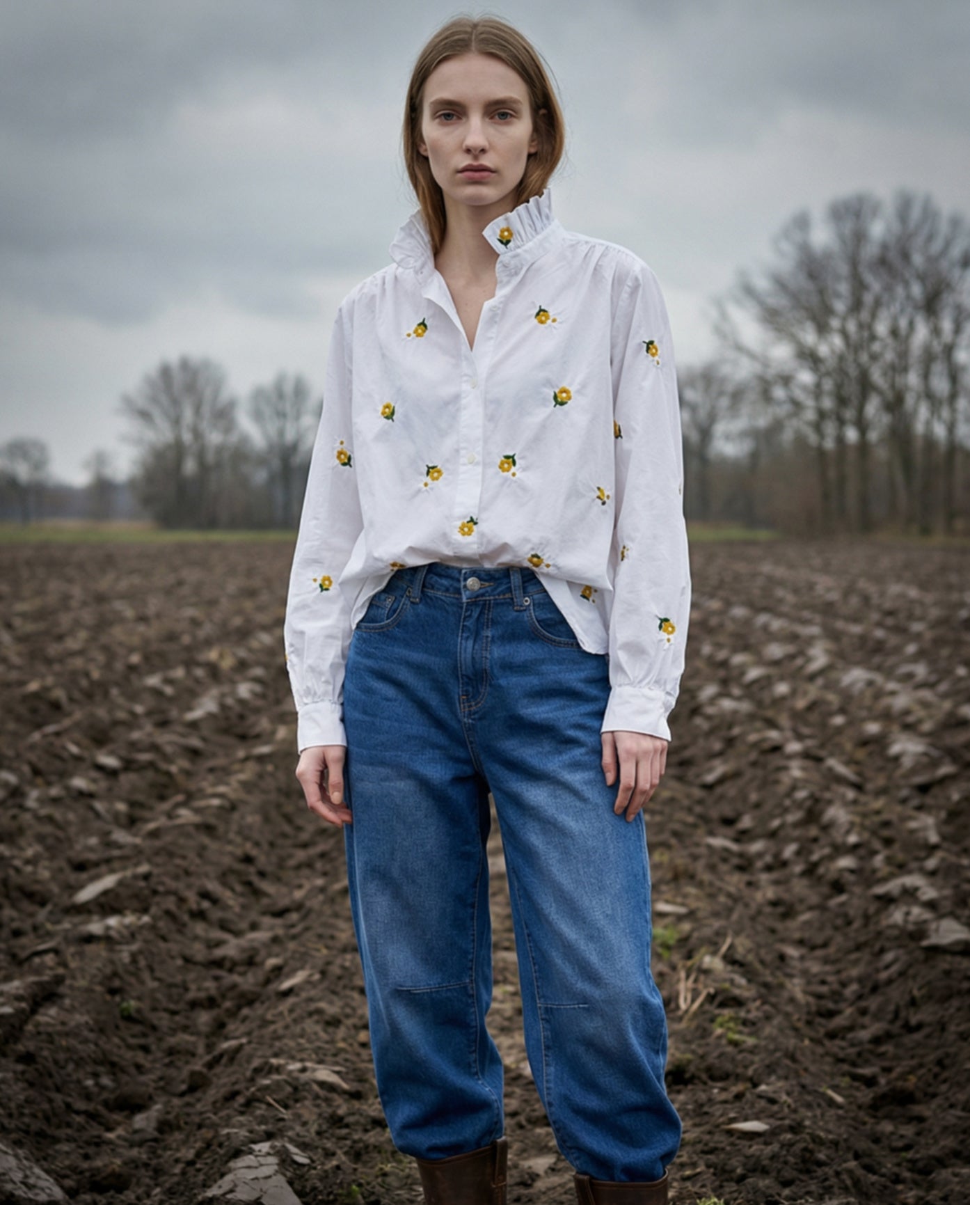 ELIRAZ | Ruffle Collar Shirt with Yellow Flowers | White