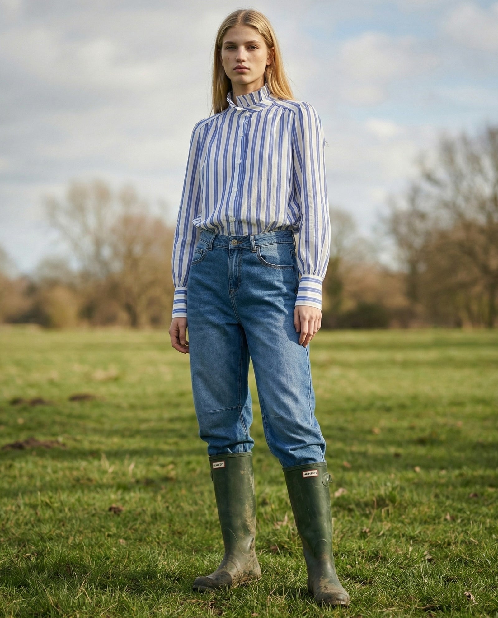 AIYA | Ruffle Collar Striped Shirt | Blue
