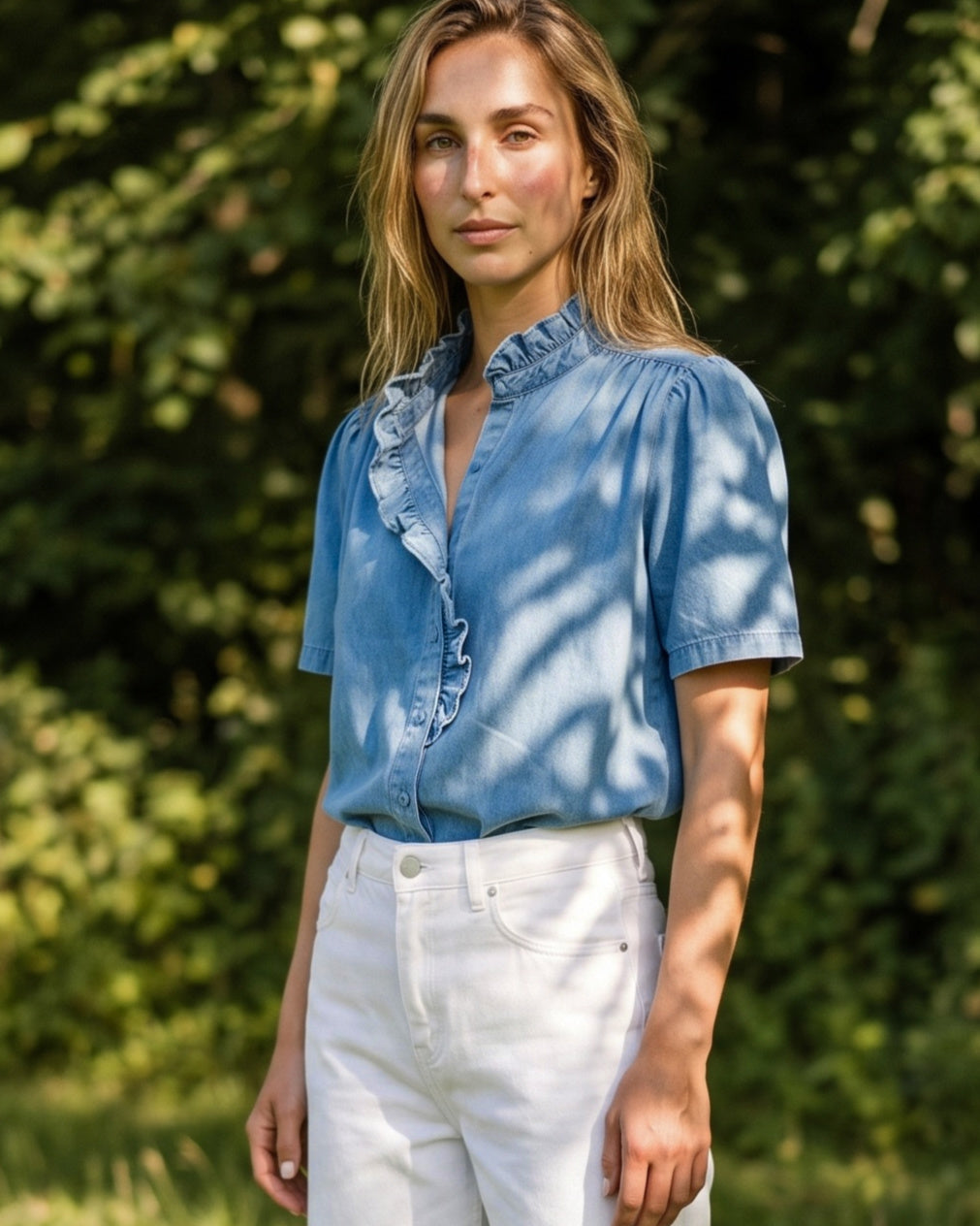 NOA | Ruffle Collar Shirt | Denim Wash