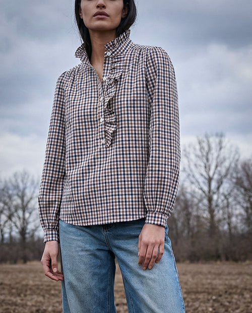 ROMI | Ruffle Collar & Placket Shirt | Brown & Navy