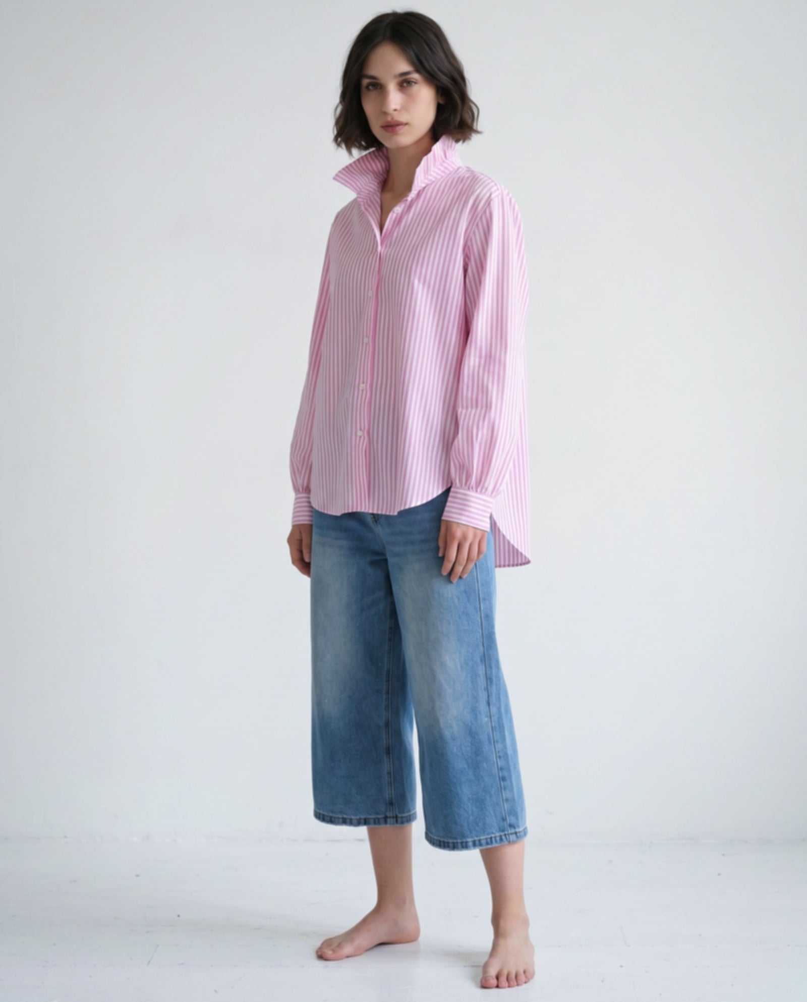 YAEL | Ruffle Collar Shirt Slim Stripe | Pink