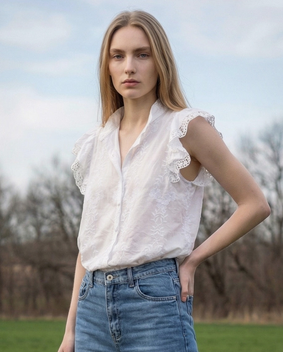 NETA | Ruffle & Lace Top | White