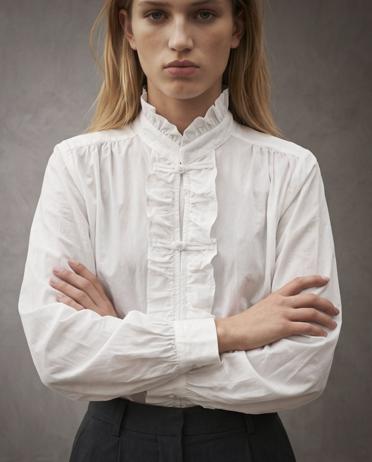 LEELO | Ruffle Front Shirt | White