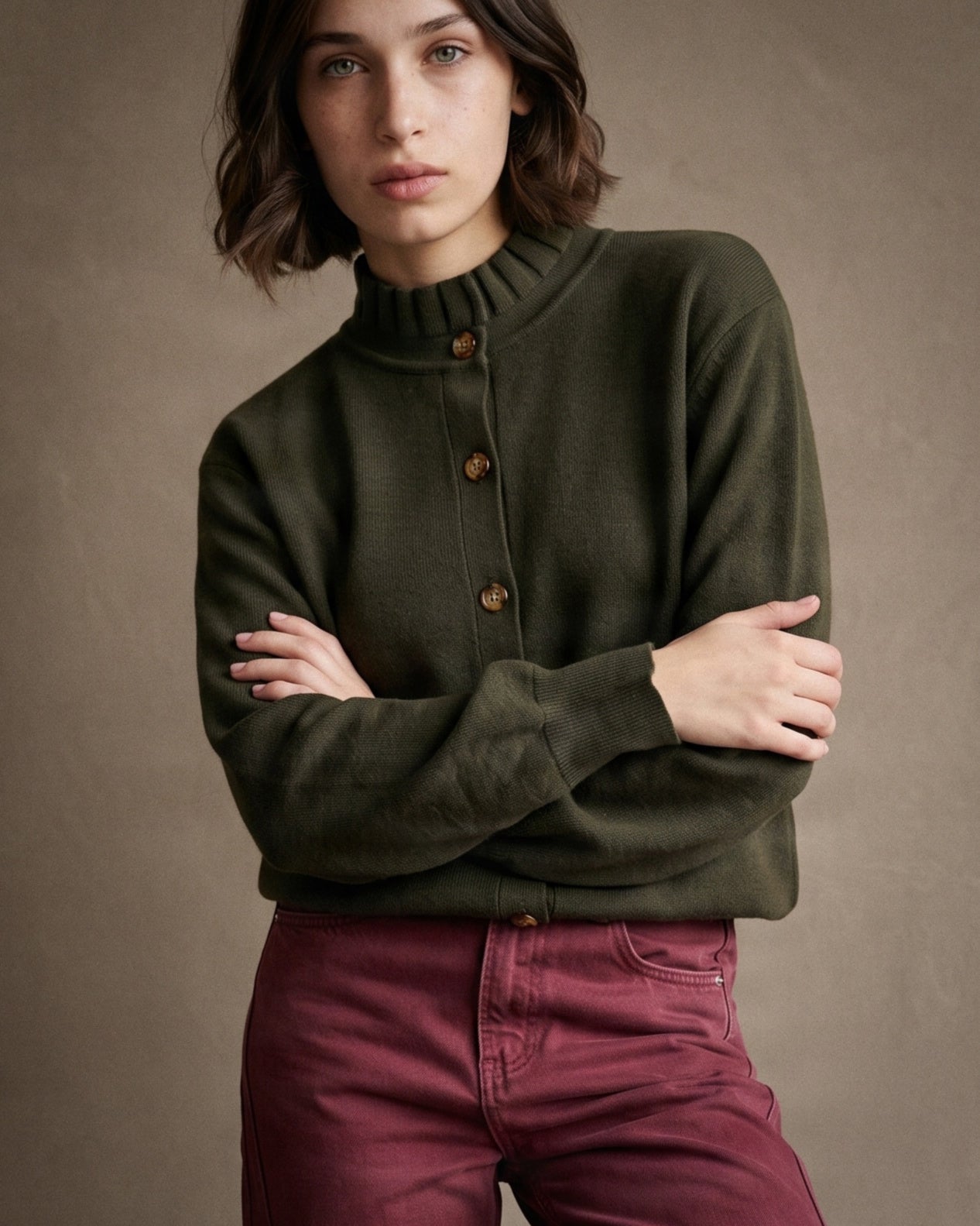 SASKI | Ruffle Collar Cardigan | Olive