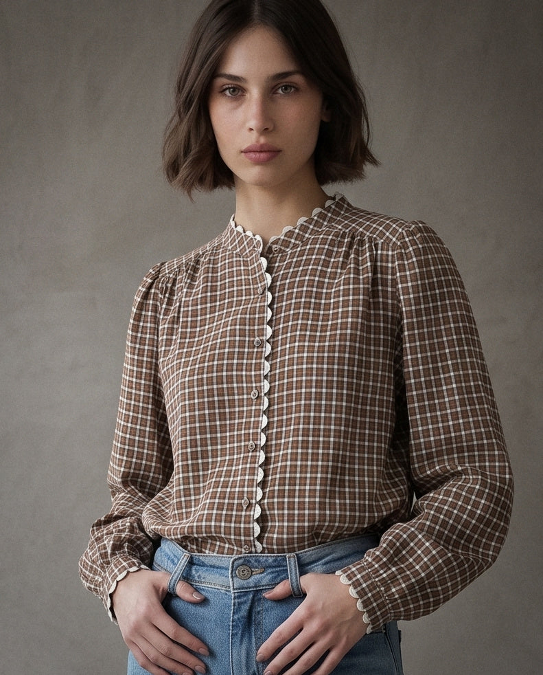Eugénie | Scallop Plaid Shirt | Mocha