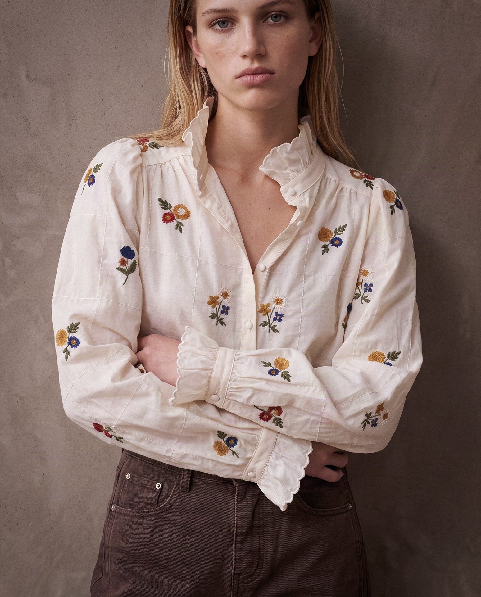 Anaïs | Embroidered Ruffle Shirt | Ecru