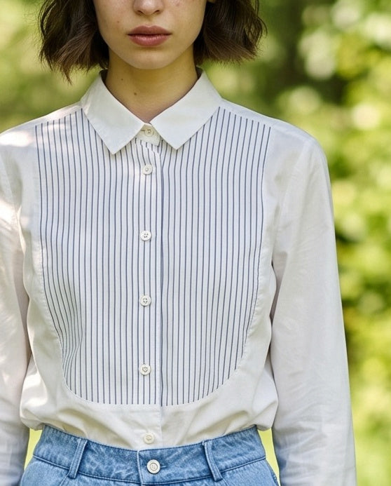 ADINA |  Striped Bib Shirt | White