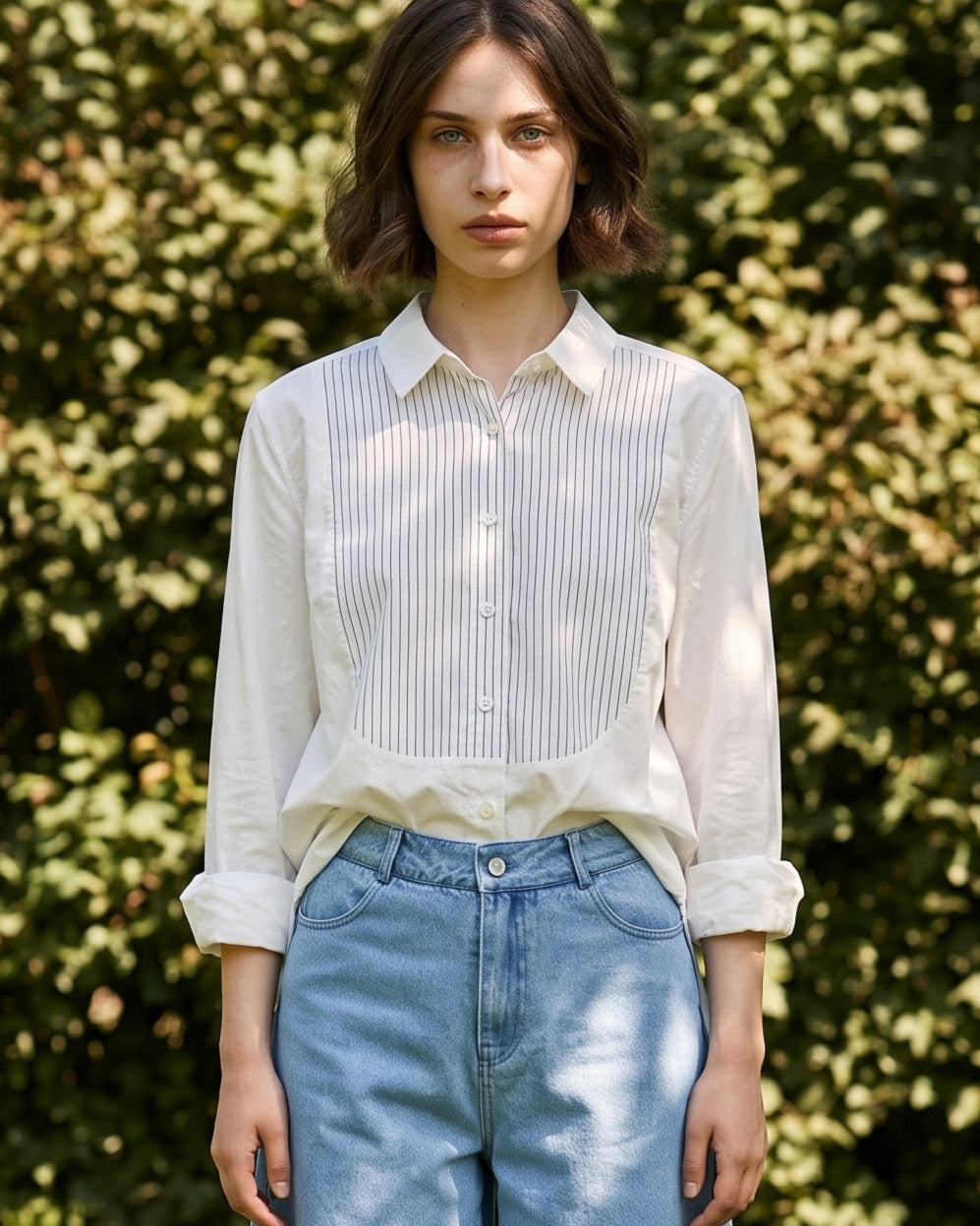 ADINA |  Striped Bib Shirt | White