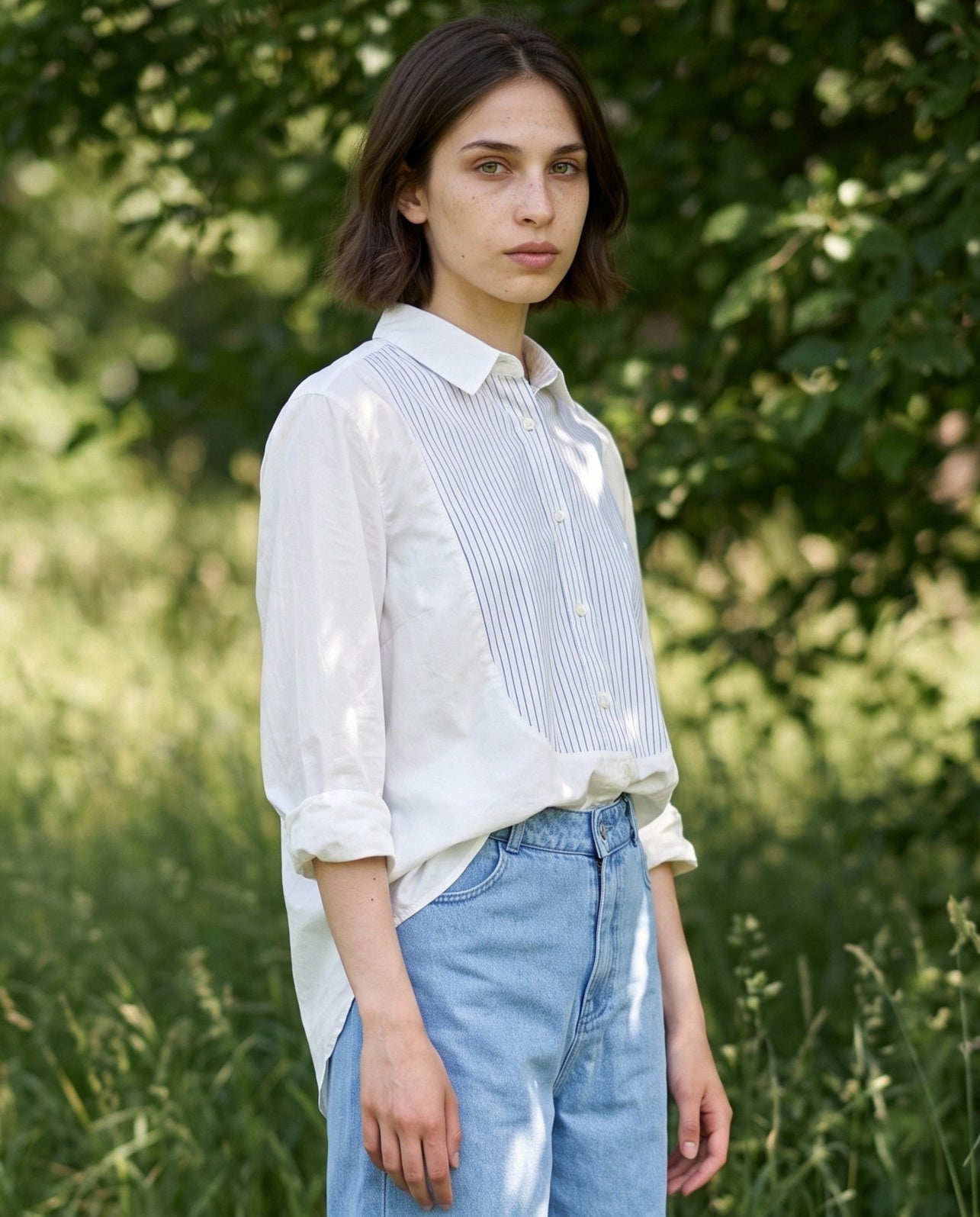 ADINA |  Striped Bib Shirt | White
