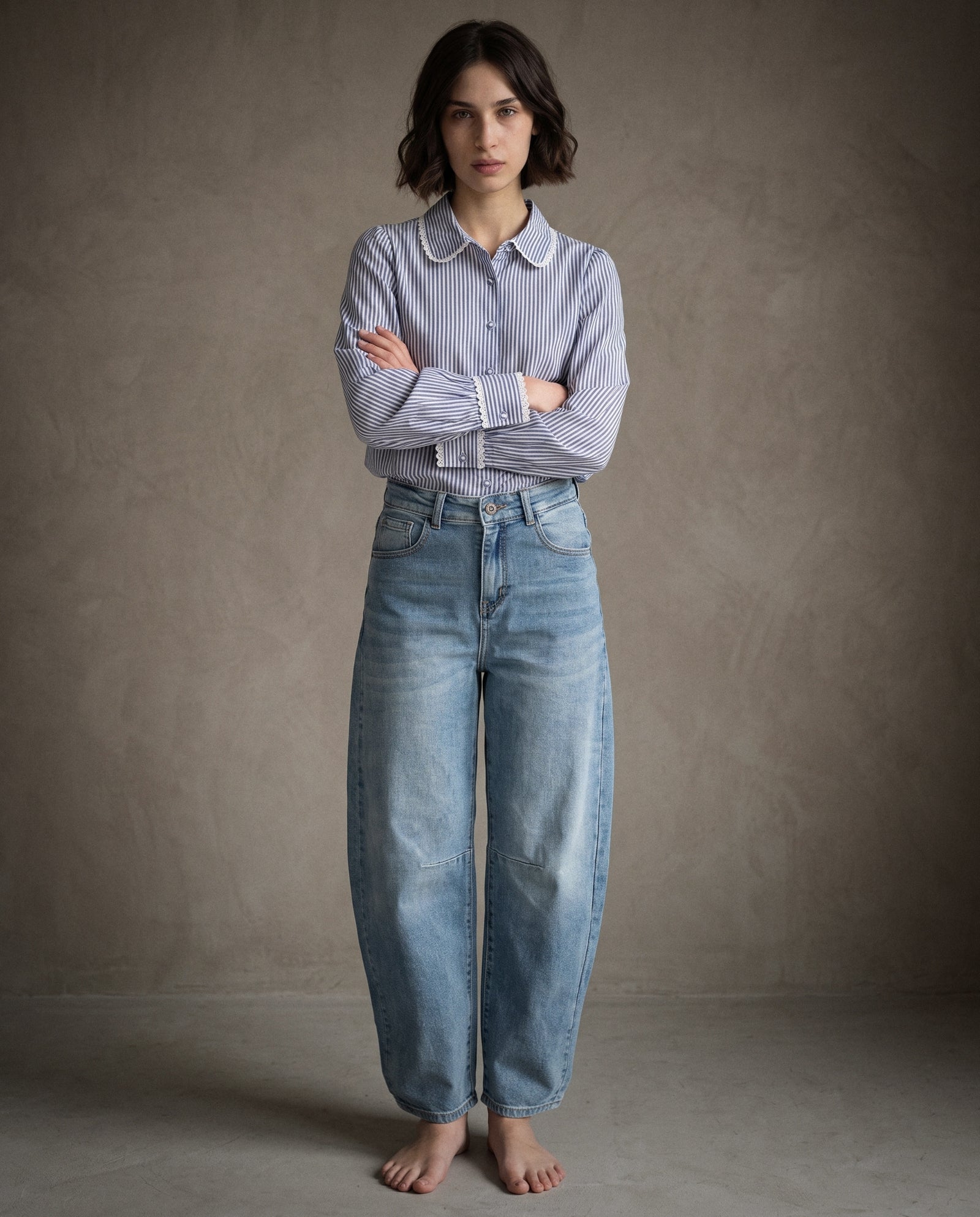 REMI | Lace Trimmed Shirt | Navy Stripes