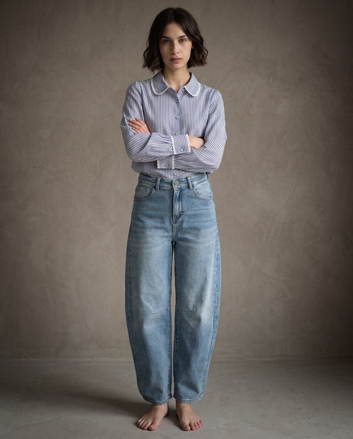 REMI | Lace Trimmed Shirt | Navy Stripes