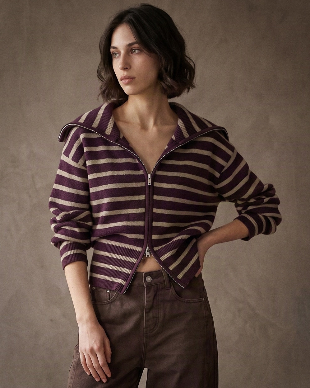 AMELIE | Striped Zip Cardigan | Aubergine