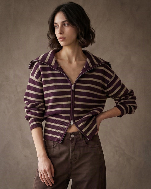 AMELIE | Striped Zip Cardigan | Aubergine