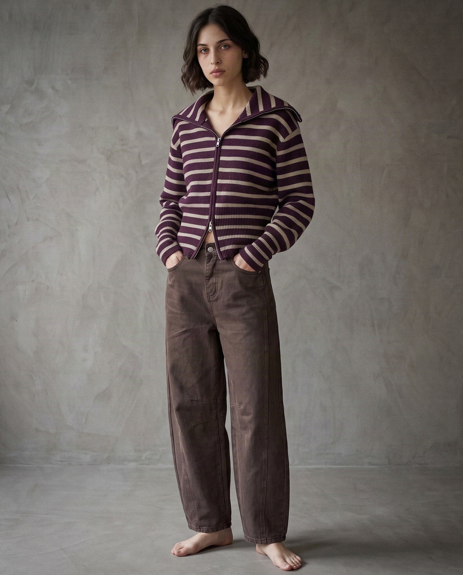 AMELIE | Striped Zip Cardigan | Aubergine