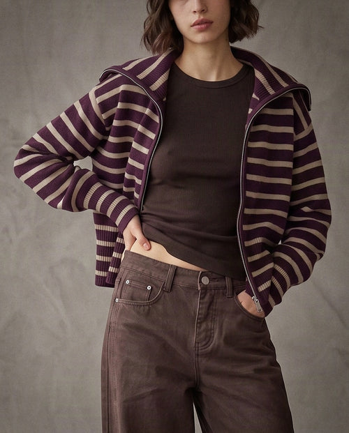 AMELIE | Striped Zip Cardigan | Aubergine