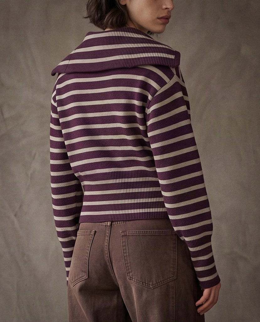 AMELIE | Striped Zip Cardigan | Aubergine